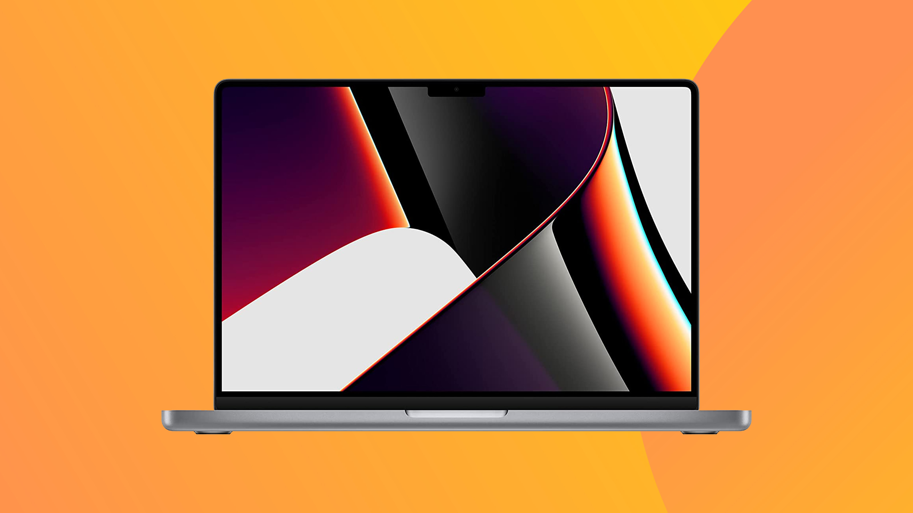 A product shot of the Macbook Pro 2021 on a colourful background